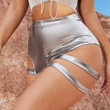 SXY Shorts metalicos plateados para ocasiones festivas con vendaje, estilo ultra corto con huecos