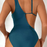 Swim Traje De Bano De Una Pieza Asimetrico Sin Mangas Con Cuello O Para Mujeres En Color Solido