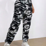 EZwear Pantalones De Punto Con Estampado De Camuflaje, Cintura Con Cordon Y Punos En Los Tobillos