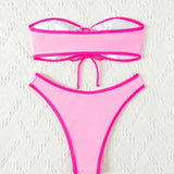 NEW Conjunto de bikini bandeau con ribete a contraste, copas fruncidas y cintura con lazo en la parte delantera