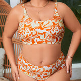 VCAY Conjunto de bikini de talla grande con estampado de ondas de agua para la playa de verano con escote redondo