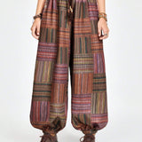 ROMWE Hippie Pantalones A Rayas De Patchwork Y Estampado Floral Con Cintura Elastica Y Punos Elasticos