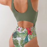 Swim Traje De Bano De Mujer Con Estampado De Plantas Tropicales Y Corte Monokini, Para Verano, Playa, Vacaciones, Viajes, Festivales, Piscinas Y Surf