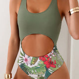 Swim Traje De Bano De Mujer Con Estampado De Plantas Tropicales Y Corte Monokini, Para Verano, Playa, Vacaciones, Viajes, Festivales, Piscinas Y Surf