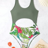 Swim Traje De Bano De Mujer Con Estampado De Plantas Tropicales Y Corte Monokini, Para Verano, Playa, Vacaciones, Viajes, Festivales, Piscinas Y Surf