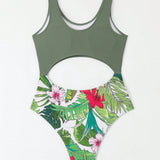 Swim Traje De Bano De Mujer Con Estampado De Plantas Tropicales Y Corte Monokini, Para Verano, Playa, Vacaciones, Viajes, Festivales, Piscinas Y Surf