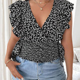 Blusa Floral Con Estampado De Tamano Grande Con Cuello En V, Ribete De Volantes E Insercion De Encaje Para Uso Casual