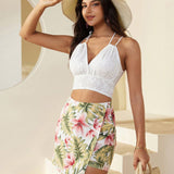 VCAY Falda-pantalon para mujer con dobladillo asimetrico y estampado de plantas tropicales
