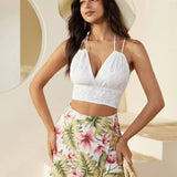 VCAY Falda-pantalon para mujer con dobladillo asimetrico y estampado de plantas tropicales