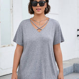 EZwear Plus Size Solid Color Cross V-Neck T-Shirt
