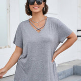 EZwear Plus Size Solid Color Cross V-Neck T-Shirt