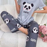 Conjunto De Pijama Con Estampado De Panda Y Letra Comodo Y Lindo