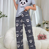 Conjunto De Pijama Con Estampado De Panda Y Letra Comodo Y Lindo