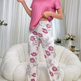Conjunto De Pijama Casual Para Mujeres Con Pantalones Estampados Florales Rosados Y Camiseta De Manga Corta De Color Solido