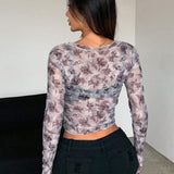 DAZY Top Corto De Malla Transparente Con Estampado Floral Y Ajuste Delgado