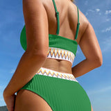 Swim Conjunto de bikini acolchado sin aros de tela bordada con empalme de parches, ideal para verano en la playa