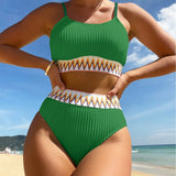 Swim Conjunto de bikini acolchado sin aros de tela bordada con empalme de parches, ideal para verano en la playa