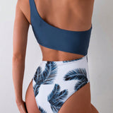 Swim Traje De Bano Monokini Estampado Tropical Con Corte En Hombro Descubierto Para Mujer