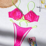 VCAY Conjunto de bikini para mujer con ribete neon en contraste, traje de bano para vacaciones en la playa, con soporte de aro, no realza
