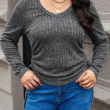 Essnce Plus Size Solid Color Rib-Knit Long Sleeve Tee With Drawstring Pleated Detailing