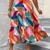 VCAY Plus Size Splicing Printed Tiered Hem Skirt
