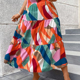 VCAY Plus Size Splicing Printed Tiered Hem Skirt