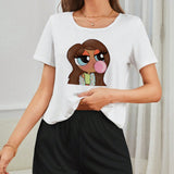 Tay Mills Conjunto de pijama de mujeres Girlcore con camiConjuntoa de manga corta y pantalon corto con impresion de chica de dibujos animados