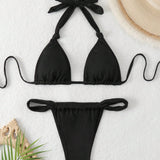 Swim Conjunto de bikini de cuello halter sin respaldo de unicolor para mujer, playa de verano
