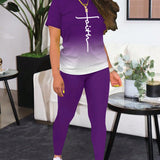 Conjunto Deportivo Con Camiseta De Manga Corta Casual Y Leggings Impresos Degradados