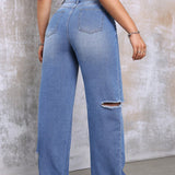 EZwear Pantalones Jeans De Mujer Con Cintura Asimetrica Y Pierna Recta Desgastada En Azul