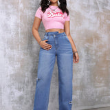 EZwear Pantalones Jeans De Mujer Con Cintura Asimetrica Y Pierna Recta Desgastada En Azul