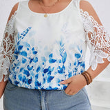 Blusa De a Grande Con Estampado Floral, Parche De Encaje Y Hombros Descubiertos En Escote Redondo Para Verano