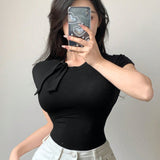 DAZY Camiseta De Mujer Ajustada Y Corta De Color Solido Con Nudo En El Cuello