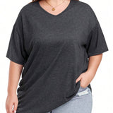 LUNE Plus Size V-Neck Drop Shoulder Loose T-Shirt