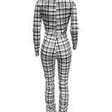 Slayr Women's Grid Printed Half-Zipper Bodycon Jumpsuit With Belt