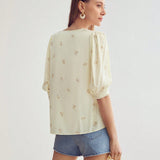 MOTF PREMIUM Blusa De Manga Abullonada Con Patron Floral De Bordado Decorativo