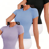 Sport Studio Camiseta deportiva sin costuras de cuello redondo y unicolor, ideal para el gimnasio