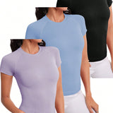 Sport Studio Camiseta deportiva sin costuras de cuello redondo y unicolor, ideal para el gimnasio