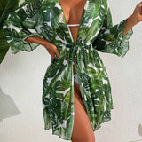 Swim Lushore kimono femenino de cintura atada con estampado de plantas tropicales para playa de verano
