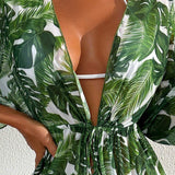 Swim Lushore kimono femenino de cintura atada con estampado de plantas tropicales para playa de verano