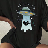 Camiseta Holgada Impresa Tamano Grande De Cuello Redondo Para Mujer Con Nave Espacial Alienigena