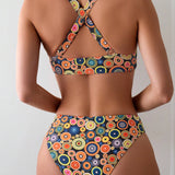 Conjunto De Bikini De Dos Piezas Para Mujer Con Estampado Geometrico Y Cruzado En La Espalda