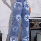 ICON Pantalones Jeans Para Mujer Con Patron De Estrellas, Dobladillo Deshilachado Y Estilo Casual, Azul