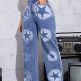 ICON Pantalones Jeans Para Mujer Con Patron De Estrellas, Dobladillo Deshilachado Y Estilo Casual, Azul