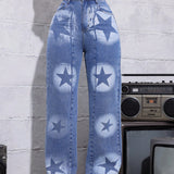 ICON Pantalones Jeans Para Mujer Con Patron De Estrellas, Dobladillo Deshilachado Y Estilo Casual, Azul