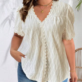 LUNE Plus Size Lace Splice Textured V-Neck Short Sleeve T-Shirt