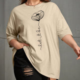 EZwear Plus Size Flower And Letter Print Drop Shoulder T-Shirt
