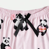 Pantalones De Pijama Para Mujer Con Patron De Panda Lindo Y Decoracion De Lazo