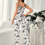 Conjunto De Pijama Para Mujeres De Talla Grande Con Top De Camisola Y Pantalones De Saten Con Estampado De Panda, Adecuado Para Verano