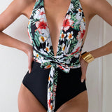 Swim Traje De Bano De Una Sola Pieza Con Cuello Halter En V Profundo De Estilo Floral Para Mujeres De Vacaciones